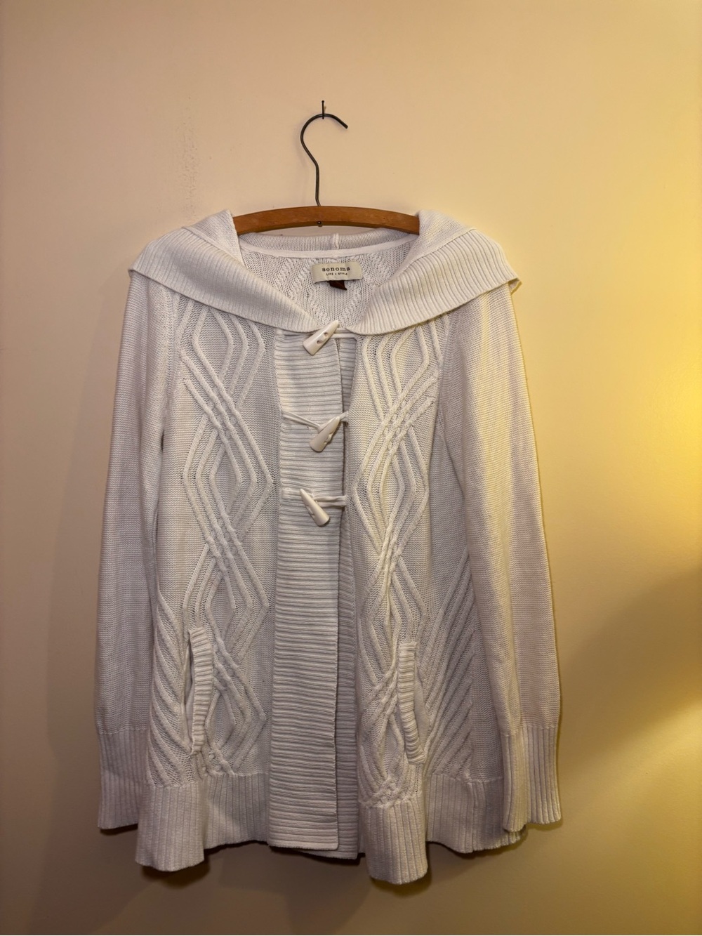 Sonoma White Cable Knit Hooded Toggle Cardigan